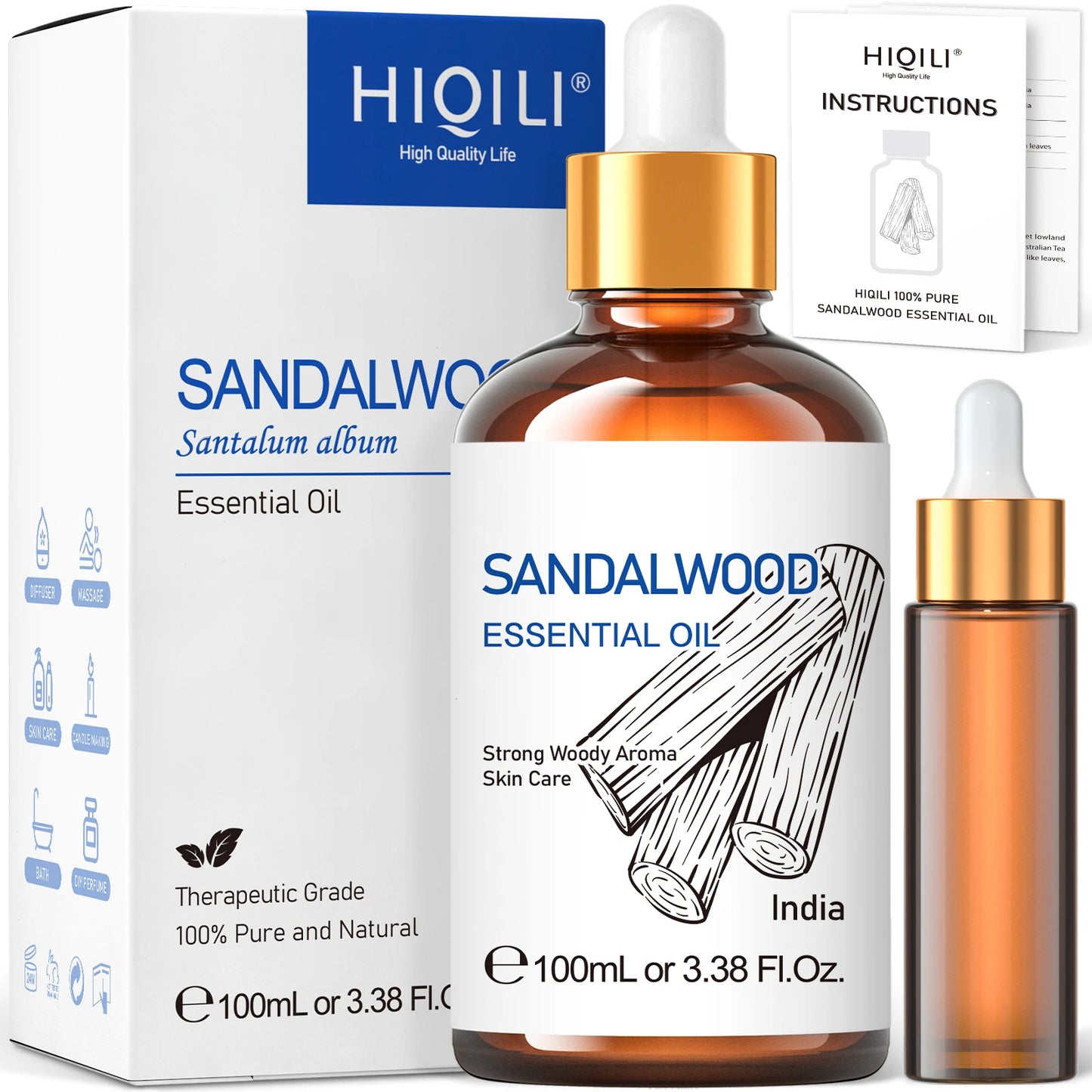 100ML Sandalwood Essential Oils,100% Pure Nature for Aromatherapy, Diffuser, Humidifier, Massage, Meditation, Candle