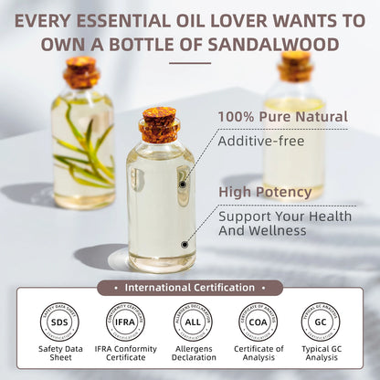 100ML Sandalwood Essential Oils,100% Pure Nature for Aromatherapy, Diffuser, Humidifier, Massage, Meditation, Candle